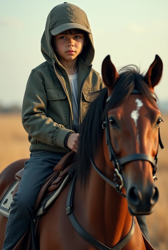 (photorealism:1.2), a boy, , wearing hoody jacket, wearing baseball hat, riding a horse