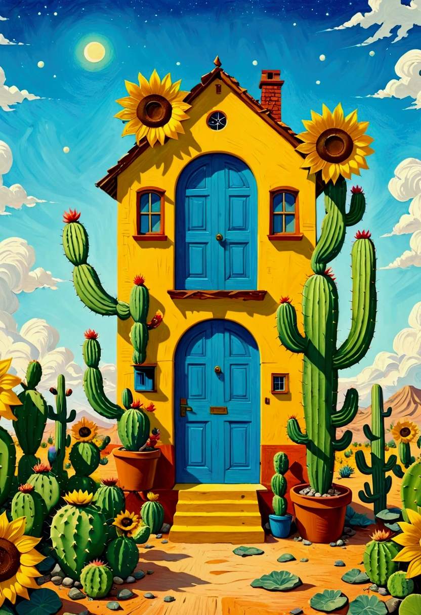 A painting of a cactus house，The painting shows a sunflower and a blue door, a Surrealismist painting by Justin Gerard, Winner of the Behance competition, pop Surrealismism, Android Jones&#39;s Works, Detailed 4k, Surrealism + Very detailed, Color illustrations, Very detailed visionary art, pop Surrealismism art style, Surrealismistic painting, Colorfull illustration, Surrealism painting, psychedelic Surrealism art