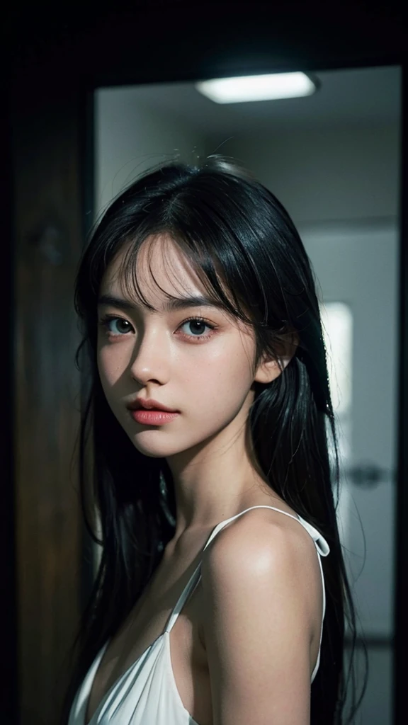 (masterpiece), realistic, (portrait of a girl), beautiful face, sunlight, cinematic light, bangs, a beautiful woman, beautiful eyes, black hair, perfect anatomy, very cute, princess eyes , (black eyes) , (frame the head), Centered image, stylized, bioluminescence, 8 life size,8k Resolution, white low-cut dress with small blue details, human hands, wonder full, elegant, approaching perfection, dynamic, highly detailed, character sheet, concept art, smooth, facing directly at the viewer positioned so that their body is symmetrical and balanced, stunningly beautiful teenage girl, detailed hairstyle,