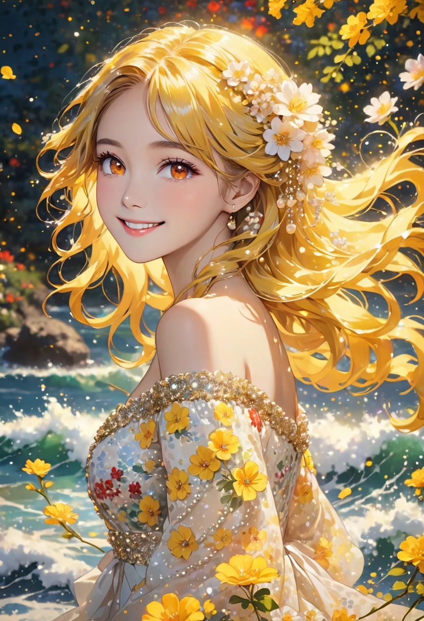 The image features a person with long, vibrant Yellow hair, red eyes ,cascading in waves. Their hair is adorned with small white flowers and decorative pearls. They are wearing a light-colored, off-shoulder dress with a floral and sequin pattern. The background is a soft, out-of-focus array of light particles, giving the scene a dreamy atmosphere.smile