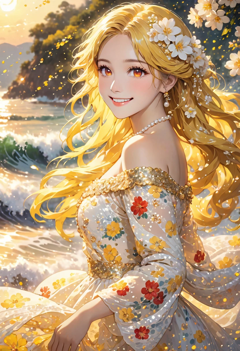 The image features a person with long, vibrant Yellow hair, red eyes ,cascading in waves. Their hair is adorned with small white flowers and decorative pearls. They are wearing a light-colored, off-shoulder dress with a floral and sequin pattern. The background is a soft, out-of-focus array of light particles, giving the scene a dreamy atmosphere.smile