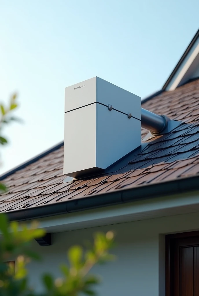 (photorealism1:2) water filter, installable in houses, innovative design, rainwater collector, installed on the roof of a house, duct system, medium-large size, square design
