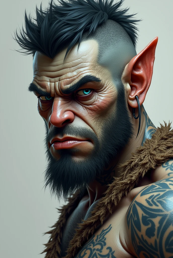 A 1 age orc with gray skin, short black hair, blue eyes and two fangs in his jaw, no beard, piercing in his eyebrow and ear and tattoos on his arms, 175 cm tall.