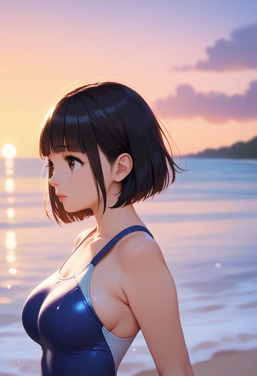 score_9,score_8_up,score_7_up,masterpiece,best quality, source_anime, realistic, super detailed, extreme detailed, rating_safe, 
1girl, standing, profile,  upper body,
BREAK 22yo, short hair, bob cut, (blunt bangs), black hair, (tareme, detailed cute brown eyes), curled eyelashes, (large breasts:0.9), 
shiny hair, beautiful detailed eyes, beautiful face, 
one-piece swimsuit,
sad, parted lips,
outdoors, beach, sunset,