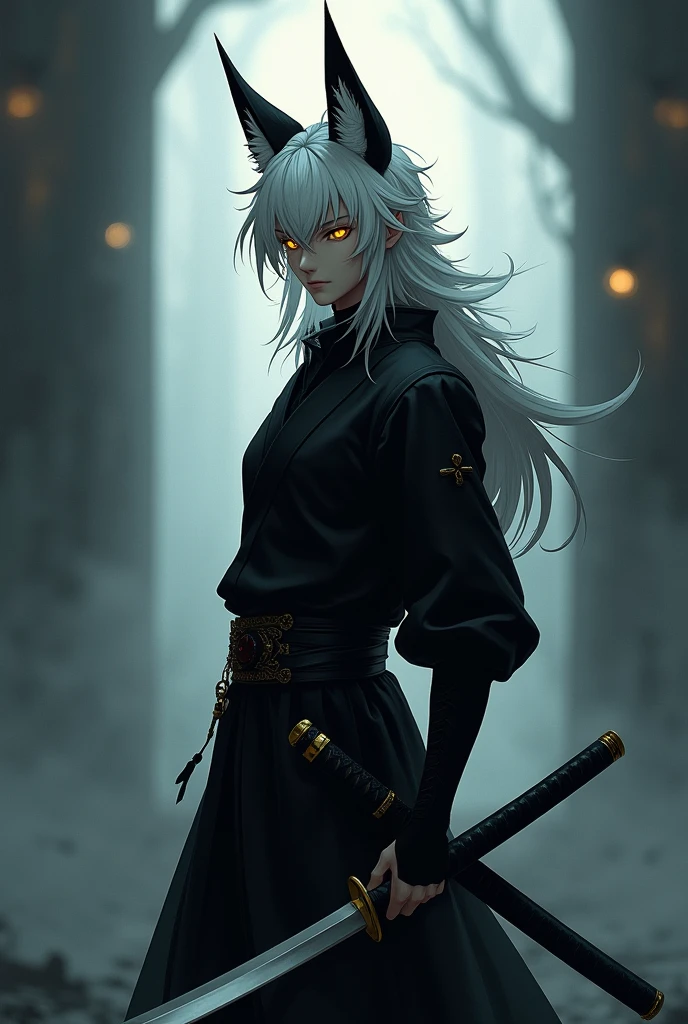 A handsome tall slim strong man, yellow eyes, anime, fox ears, black clothes, holding a katana, white hair