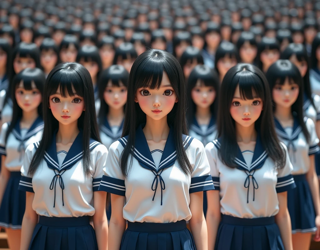 (Japanese Clone-girls=Myself), (Super Best masterpiece Clone-girls Raw Photography Art), (16K, Highest quality, Ultra-high resolution, RAW Photos), (It's so unrealistic., With unparalleled depiction, With an unfathomable sight, An unprecedented and shocking worldview, Clone-girls: In a world of mass reproduction, Ultra-realistic), (Japanese Girls, 16yo, Small face, Thick black hair, long hair, Dark Eyes, Mature face, かわいいsmile, Smiling face, A gentle gaze, Very pleasant look), (Very beautiful detailed girls, Accurate body structure, Accurate body movements, Very detailed body, (Super big breasts, Large bulge of ample breasts)), (Schoolgirl uniform, Short sleeve, mini skirt, Emphasise the fullness of your breasts), (Very detailed, Myself cloning, Depiction of splitting oneself, 1Myself girl→1,000,000,000,000,000,000,000,000,000,000Myself cloning girls), (Very detailed and intricate, ((Myself's body is multiplying, A perfectly matched depiction, (In the same female body,With the same face, With the same hairstyle, In the same clothes, At the same height, 同じSuper big breasts)), 1,000,000,000,000,000,000,000,000,000,000 people mass proliferation)), (Myself girls only), Academy, academic level, Commemorative photo depiction, Tiered stage photography, smile, Front view