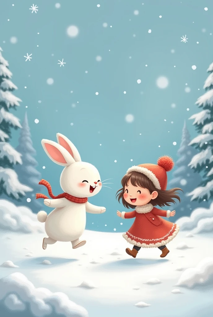 Snowy hops around joyfully while Lily laughs and tries to keep up with him.