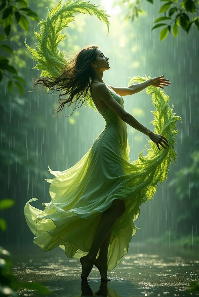 delicate,intricate leaf veins resembling  dilicate brushstrokes as tendrils of foliage swirl around the  figure, blurring the lines between dancer and environment  against a backdrop of gentle,glistening  raindrops