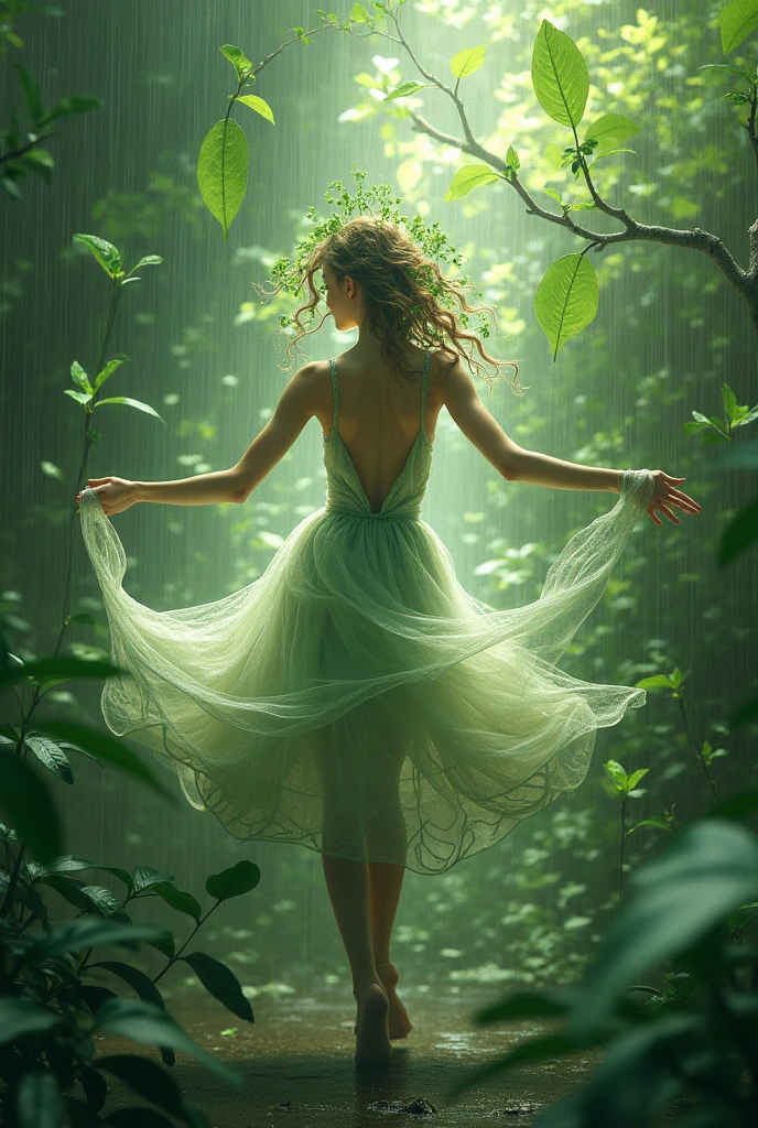 delicate,intricate leaf veins resembling dilicate brushstrokes as tendrils of foliage swirl around the figure, blurring the lines between dancer and environment against a backdrop of gentle,glistening raindrops