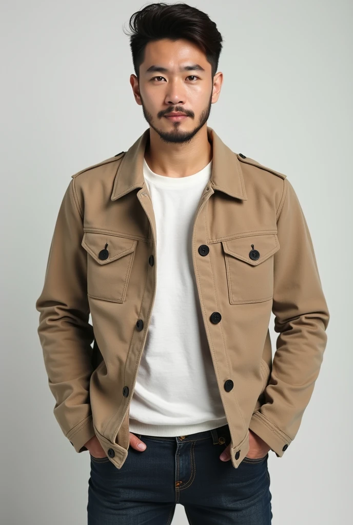 Create a full-body portrait of a 2 Korean man with an American hairstyle, featuring brown hair and brown eyes, and a well-groomed beard. He should have a fit physique with visible abs, and be posed confidently yet relaxed. His expression should be youthful and engaging, highlighting his handsome features. Use a clean, neutral background to keep the focus on him.”






