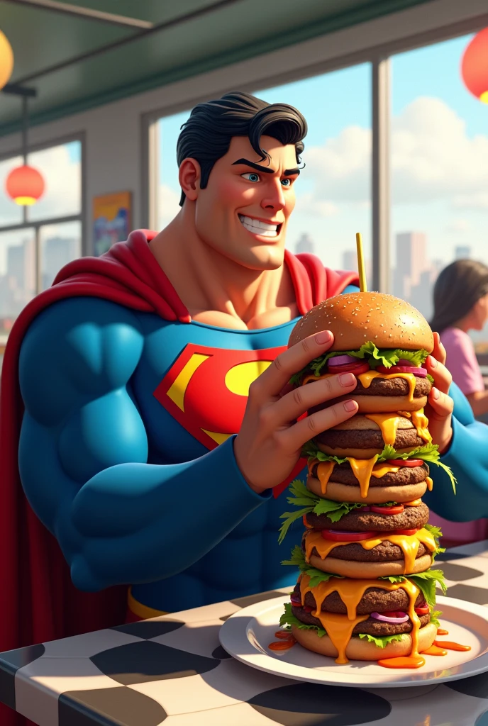 Scene 2: Super Man going burger shop 
Prompt: Illustrate Super Man sitting at a restaurant table, eagerly digging into a giant burger with a satisfied expression on his face.