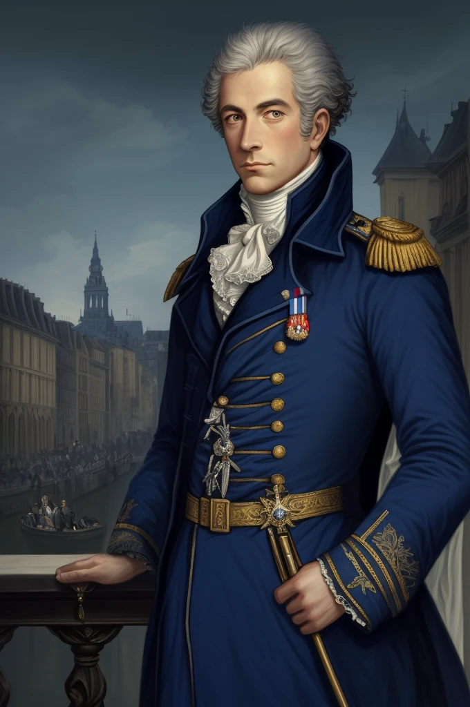 Highest quality, masterpiece, High resolution,,(Pierre-Antoine, Count Dupont of the Pond),French,French Revolutionary Soldier,Medals,marshal,(French cityscape_background),Middle-aged men,Anime Style, 4K, alone,whole body, looking at the camera, ,Brave,dark blue_coat, Hyper Detail, (Intricate details),