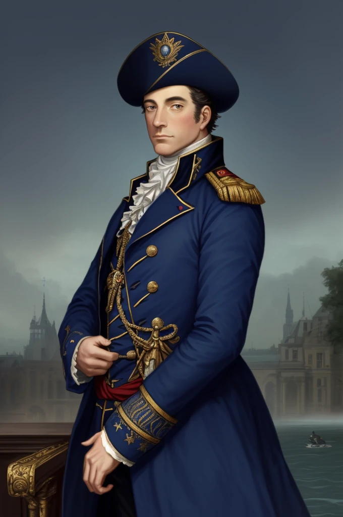 Highest quality, masterpiece, High resolution,，（Pierre-Antoine, Count Dupont of the Pond），French，French Revolutionary Soldier，Medals，marshal，（French cityscape_background），Middle-aged men，Anime Style, 4K, alone，whole body， looking at the camera, ，Brave，dark blue_coat， Hyper Detail, (Intricate details),