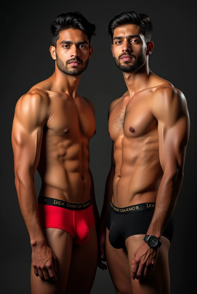 a 2 indian boy,male,black and red underwear,color lux classic company trunk underwear,one boy friend in same clothes,trunk underwear only,photorealistic,8k,highly detailed,hyperrealistic,cinematic lighting,chiaroscuro lighting,dramatic lighting,warm color palette,natural skin tones,muscular body,studio setting