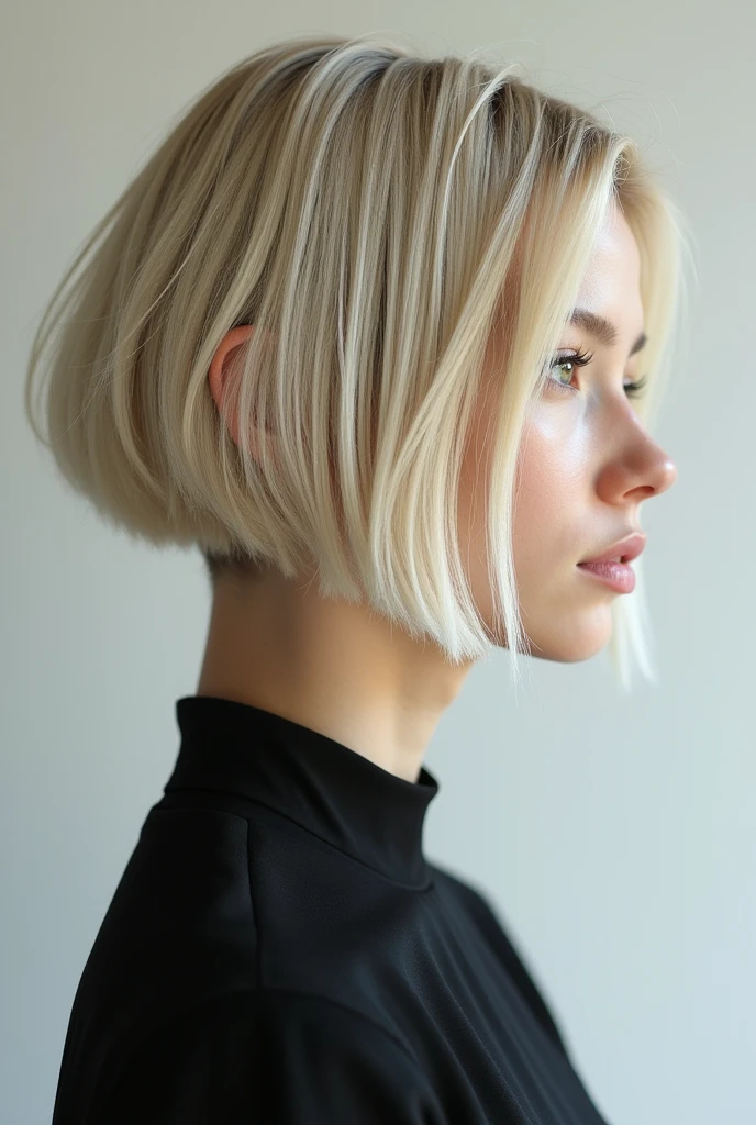 Blonde girl with stacked bob cut and no bangs, undercut nape. View from the side