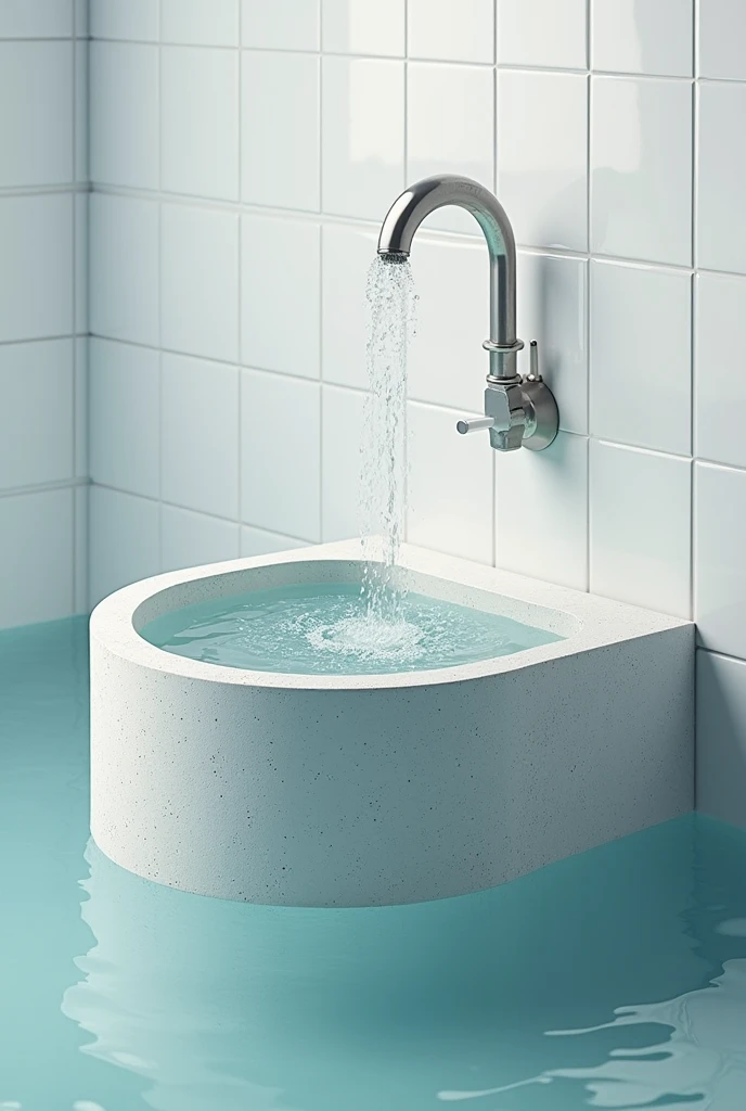 A simple cement washing tank, full of water and with drops overflowing. Show entire tank, Wall in the background has white tiles