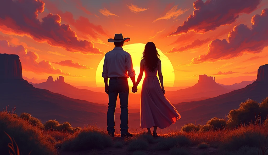 A man wearing a western hat and a woman hold hands in the western wilderness, sunset with a big sun, back perspective,
modern art