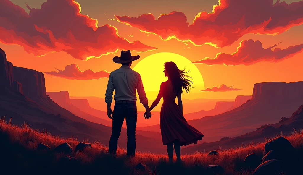 A man wearing a western hat and a woman hold hands in the western wilderness, sunset with a big sun, back perspective,
modern art