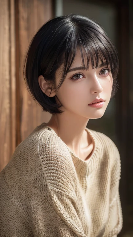 (masterpiece:1.3), (8k, Realistic, RAW Photos, Highest quality: 1.4), (One person), Beautiful Face, (Realistic Face), (Black Hair, short hair:1.3), Beautiful hairstyle, Realistic eyes, Beautiful attention to detail, (Realistic Skin), Beautiful Skin, (sweater), Absurd, Charm, Ultra-high resolution, Ultra-realistic, Very detailed, Golden Ratio