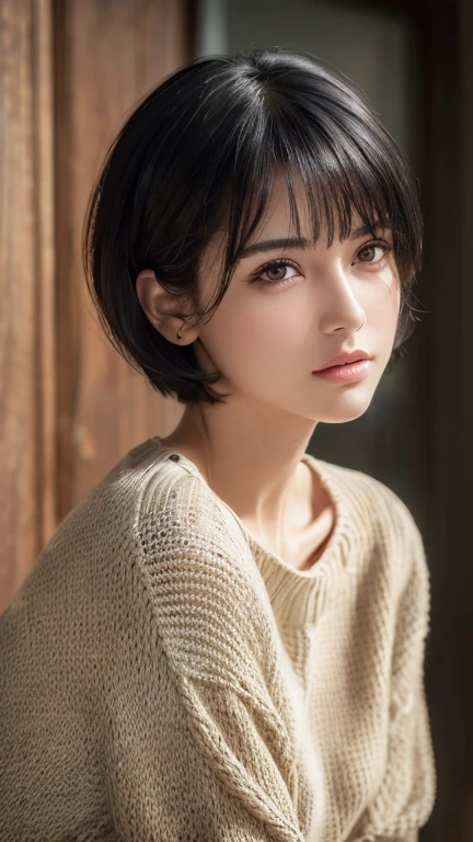 (masterpiece:1.3), (8k, Realistic, RAW Photos, Highest quality: 1.4), (One person), Beautiful Face, (Realistic Face), (Black Hair, short hair:1.3), Beautiful hairstyle, Realistic eyes, Beautiful attention to detail, (Realistic Skin), Beautiful Skin, (sweater), Absurd, Charm, Ultra-high resolution, Ultra-realistic, Very detailed, Golden Ratio