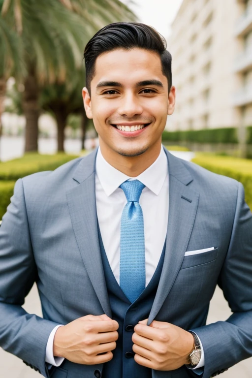 Man half body straight pose with happy smile for social media realistic latino in suit