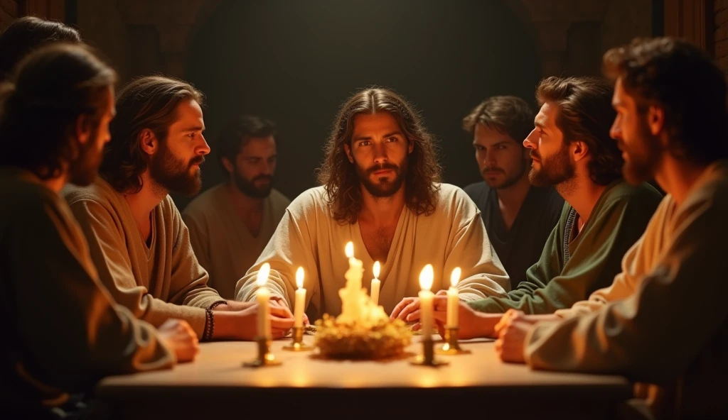 /imagine prompt: Jesus Christ at the Last Supper, solemn, loving, surrounded by his disciples in a candlelit room, creating an intimate and historical atmosphere, ultra-realistic style with lifelike textures, illuminated by warm candlelight casting long shadows, rich earthy tones with golden highlights, Leica S3 medium format camera capturing the scene with precision, 50mm Summicron lens for a balanced composition, --ar 16:9 --style raw --quality 1 --upscale --chaos 25 --stylize 200 --v 6

