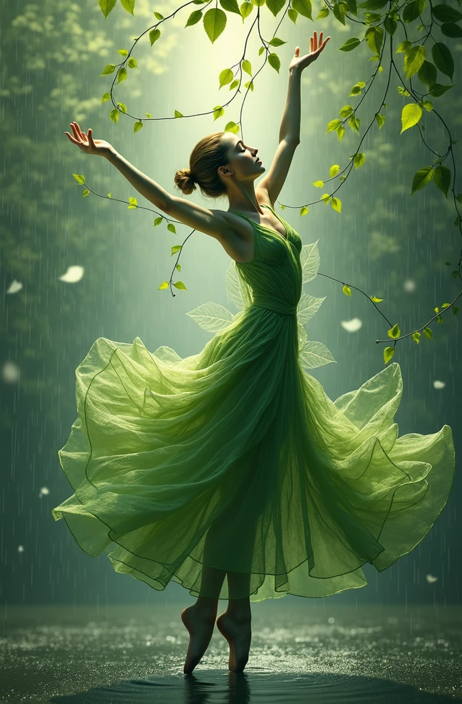 delicate,intricate leaf veins resembling dilicate brushstrokes as tendrils of foliage swirl around the figure, blurring the lines between dancer and environment against a backdrop of gentle,glistening raindrops