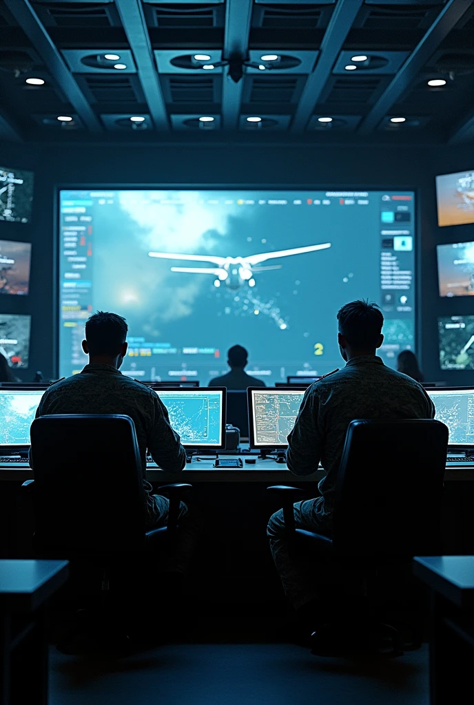 Drone controller, screens, big screen, control room, command room, military, lights in room, 