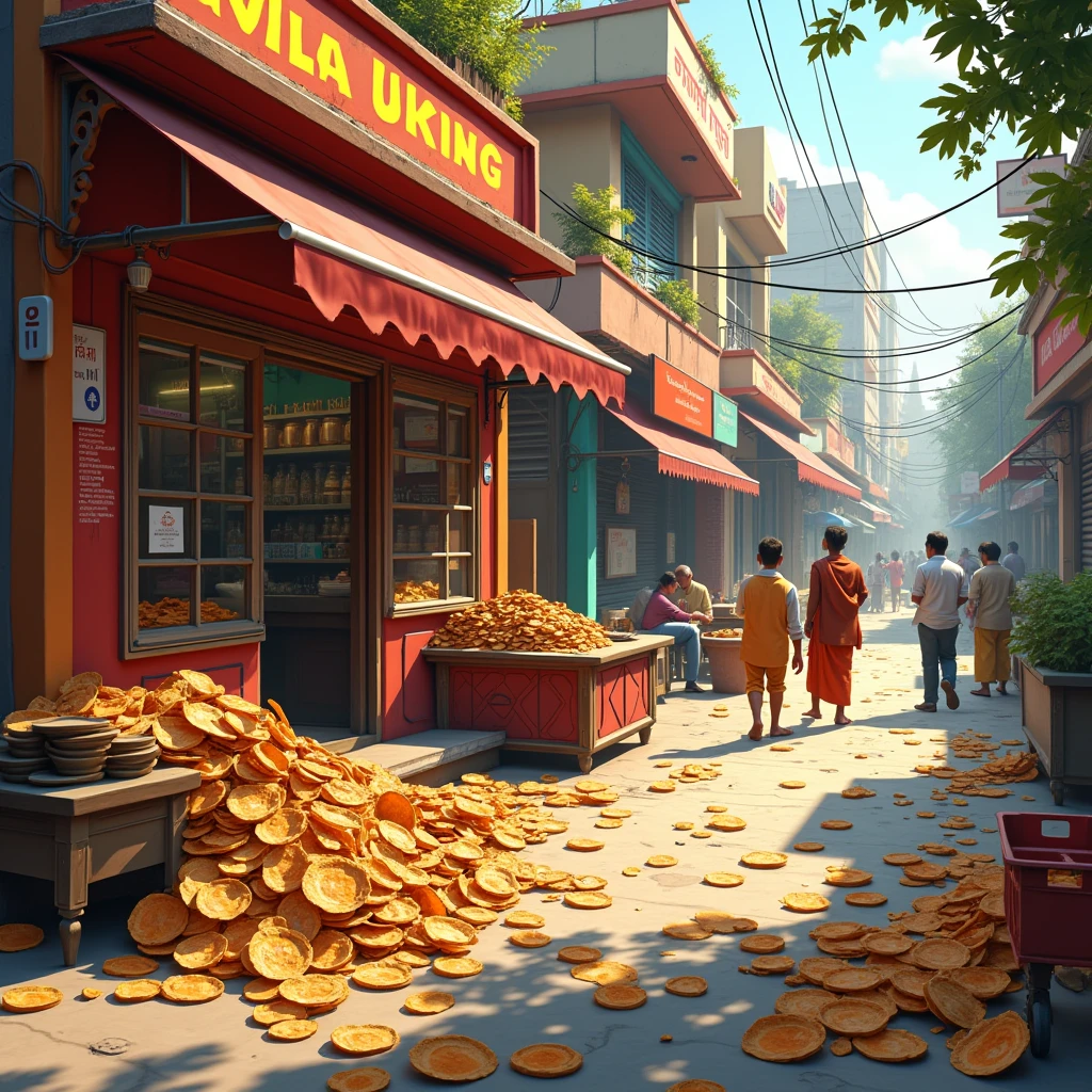 Create a image of a Indian shop and outside the shop a lot of leaf plates has been thrown away