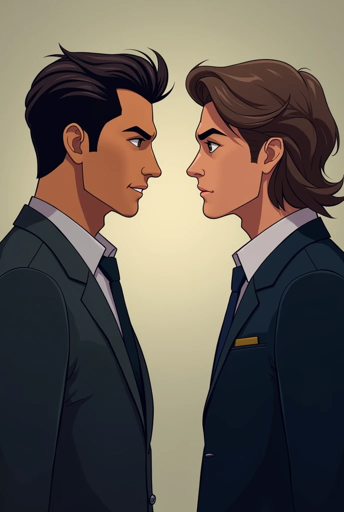 draw two young men on businessman attire one formal and one a bit casual, one is taller around 6'2 and has dark brown slicked back hair, brown eyes, light olive skin. the other one has long wavy brown hair and hazel eyes, shorter than the other guy around 5'11 and is always serious. the tall guy looks like he's provoking the other guy. 