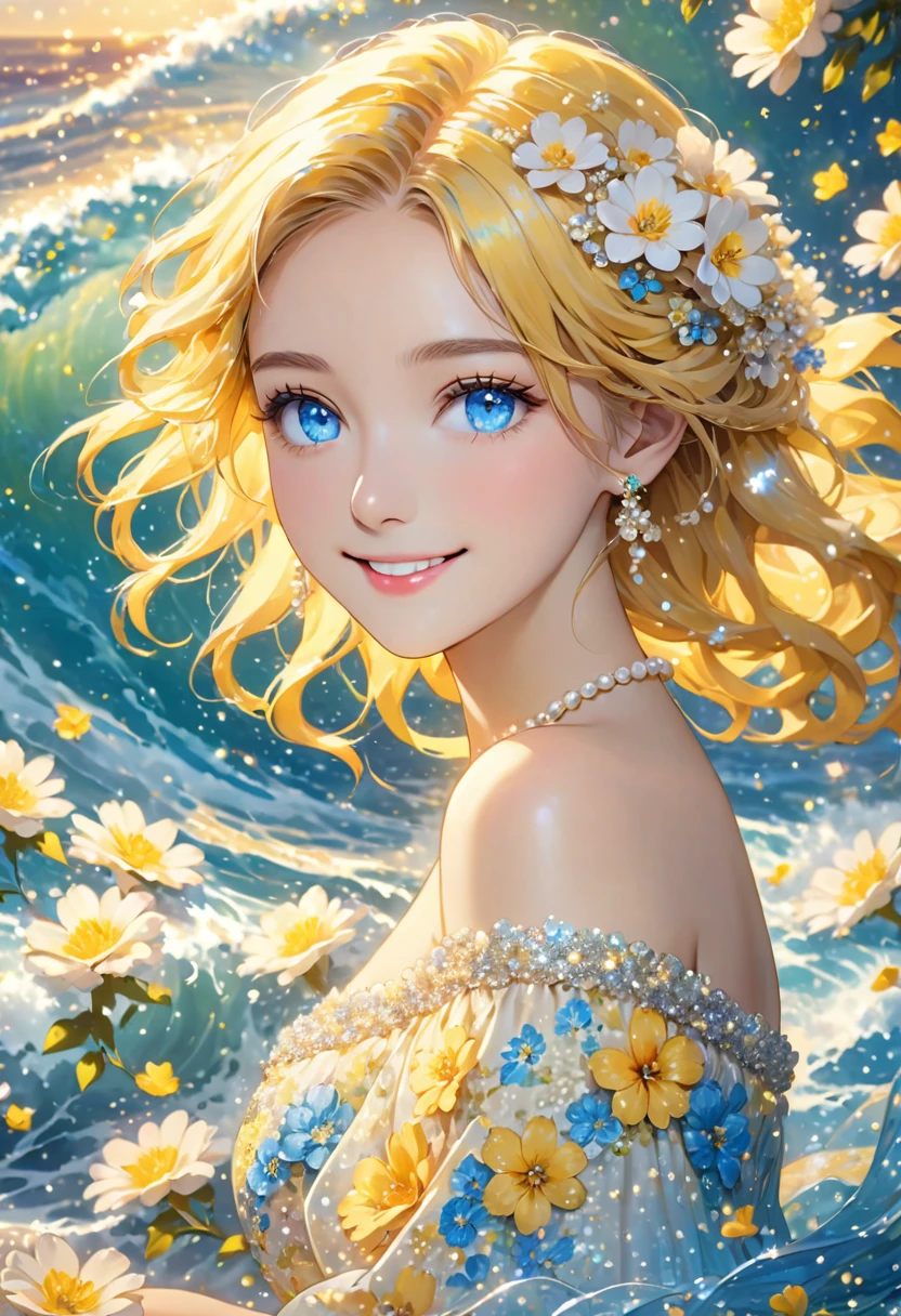 The image features a person with long, vibrant blue eyes , Yellow hair cascading in waves. Their hair is adorned with small white flowers and decorative pearls. They are wearing a light-colored, off-shoulder dress with a floral and sequin pattern. The background is a soft, out-of-focus array of light particles, giving the scene a dreamy atmosphere.smile