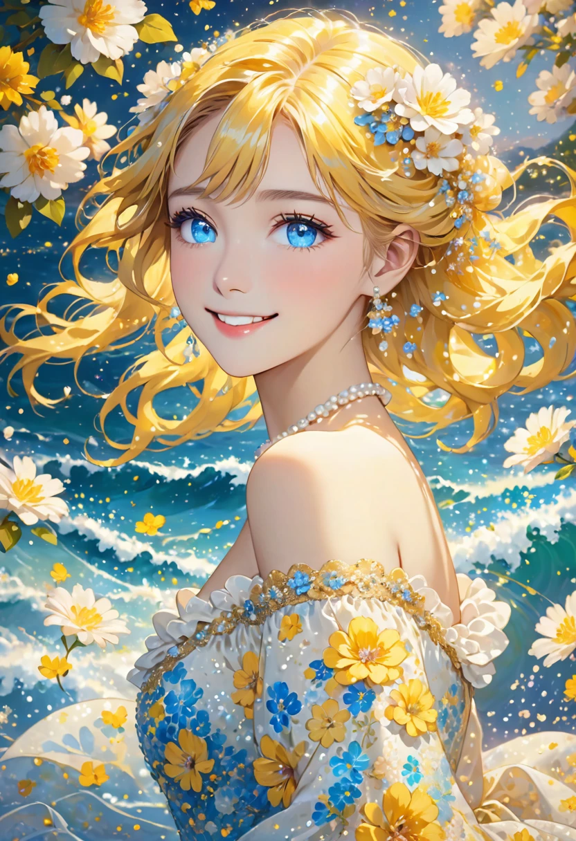 The image features a person with long, vibrant blue eyes , Yellow hair cascading in waves. Their hair is adorned with small white flowers and decorative pearls. They are wearing a light-colored, off-shoulder dress with a floral and sequin pattern. The background is a soft, out-of-focus array of light particles, giving the scene a dreamy atmosphere.smile 