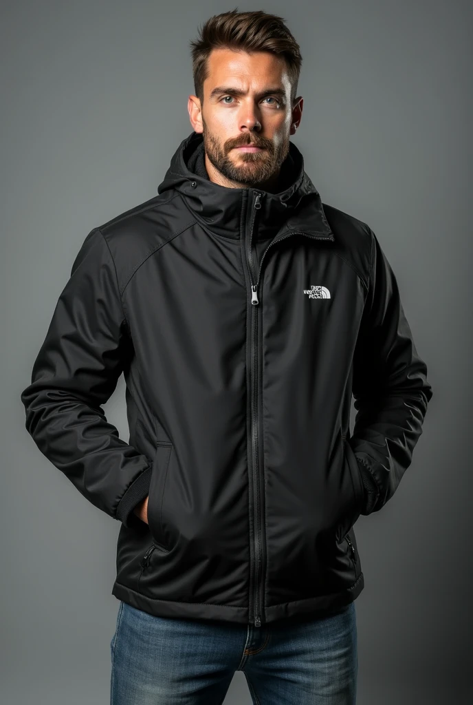 handsome man, standing straight facing forward,with a closed North Face cold weather jacket, denim jeans pants, on a greyish background. Medium camera shot.