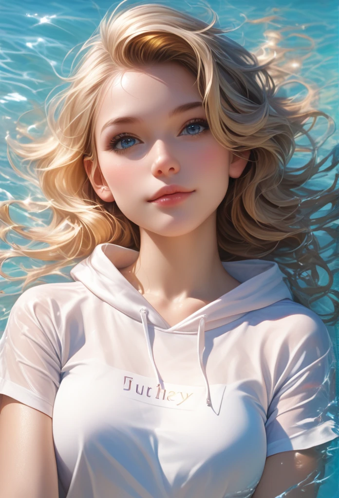 score_9, score_8_up, score_7_up, A hyper realistic ultra detailed photo of beutiful woman, fancy hair , golden blonde hair, ultrarealistic, cute, body, perky boobs, perfecteyes, , upper body , close up, portrait, looking at viewer, amusement , laying on back , casual outdoor background, wearing hoodie T-shirt , wearing a pink and white jacket and her name 'Dilmi' has written on that.