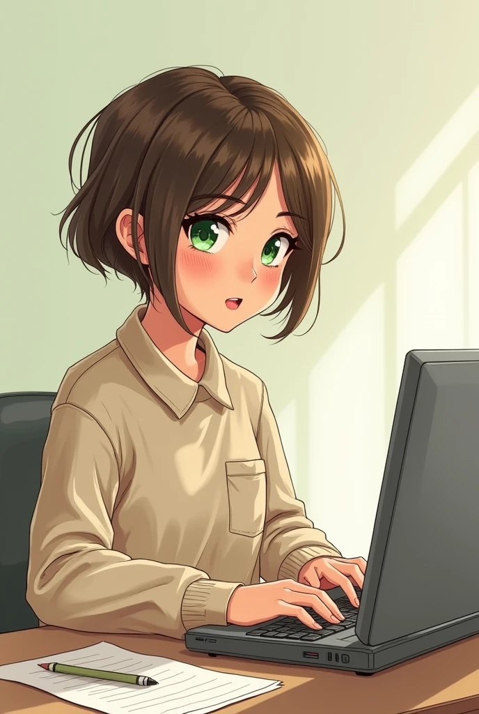 art mignon, art simple , femme, yeux vert, cheveux brun très court a la garçonne, un ordinateur sur un bureau, dessin
