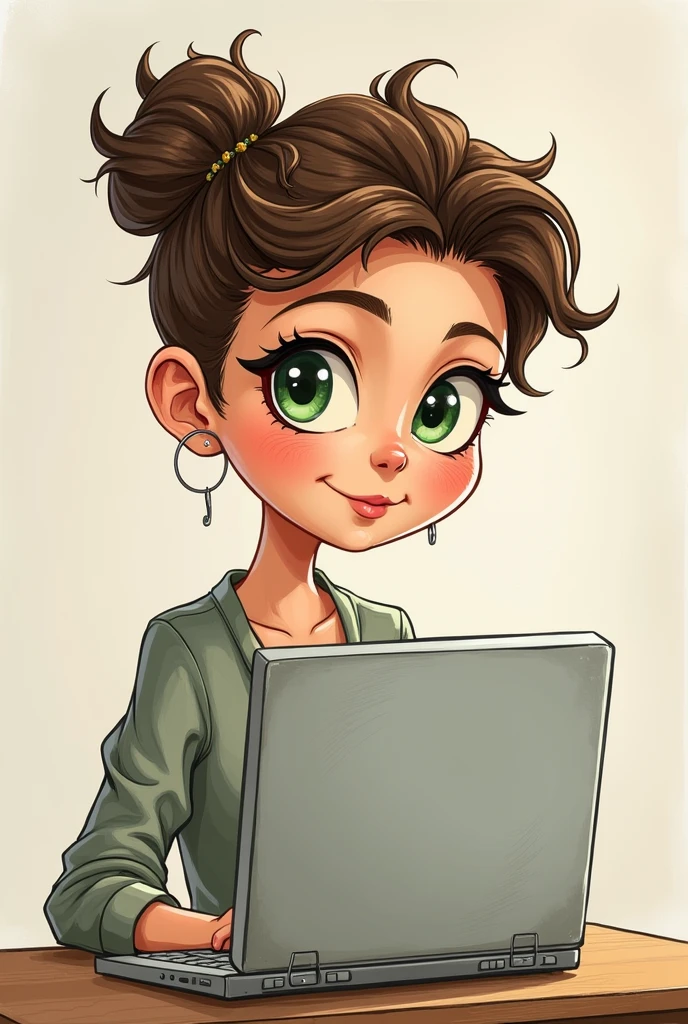 art mignon, art simple , femme, yeux vert, cheveux brun très court a la garçonne, un ordinateur sur un bureau, dessin