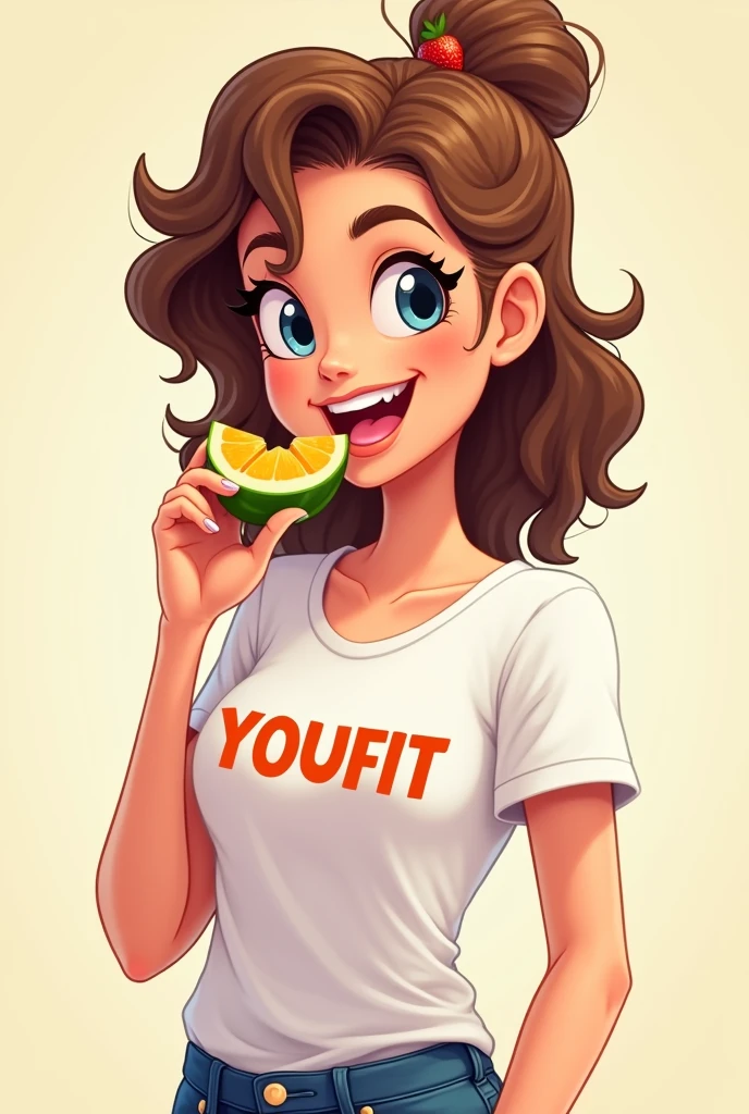cartoon woman eating fruit with a t-shirt saying youfit