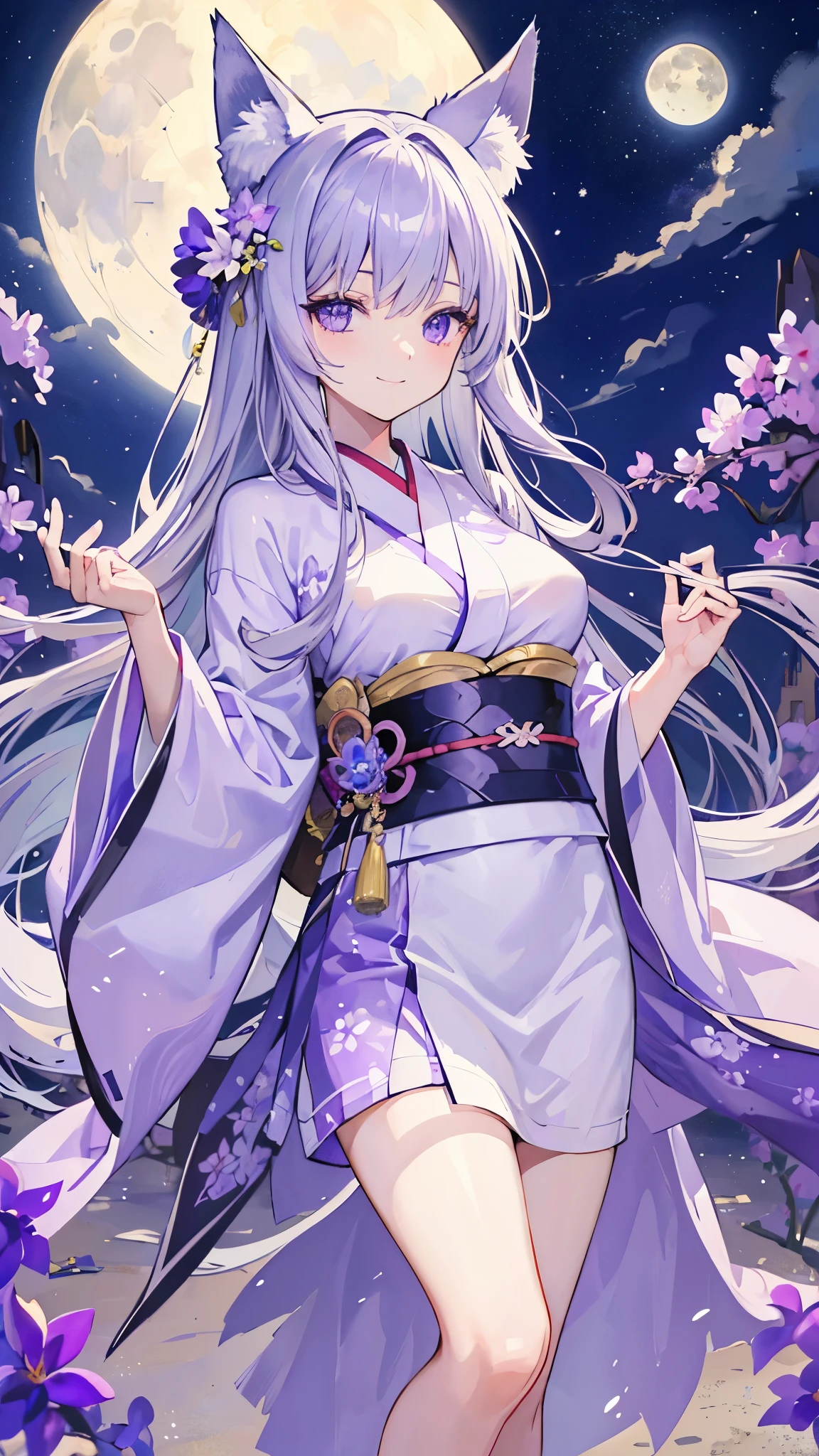 ((masterpiece、Highest quality、Very detailed))、One person、Gray Hair、Long Hair、Diagonal bangs 、Light purple eyes、smile、Large Breasts、Fox Ears、((Lilac kimono))、Fox Tail、Cowboy Shot、Iris flower field、((night))、moon