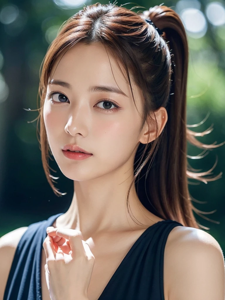 1womanl, Put your hair up to reveal a sexy nape or neck , Navy blue long dress, sleeveless 、mideum breasts, light brown hair, Blunt bangs, hair behind ear, hair over shoulder, Long hair, slender body shape, Ultra Fine Face, Thin face, Delicate lips, Beautiful eyes, thin blush, eyes are light brown, perfect glossy skin, flawless skin, Glistening sweat,View here, Ultra-thin hands, Ultra-fine fingers, best ratio four finger and one thumb, (realisitic:1.3), See-through white blouse. An amusement park, One-person viewpoint, Fuji Film, F/1.2, 8K, masutepiece, nffsw, Super Detail, High quality, Best Quality, hight resolution