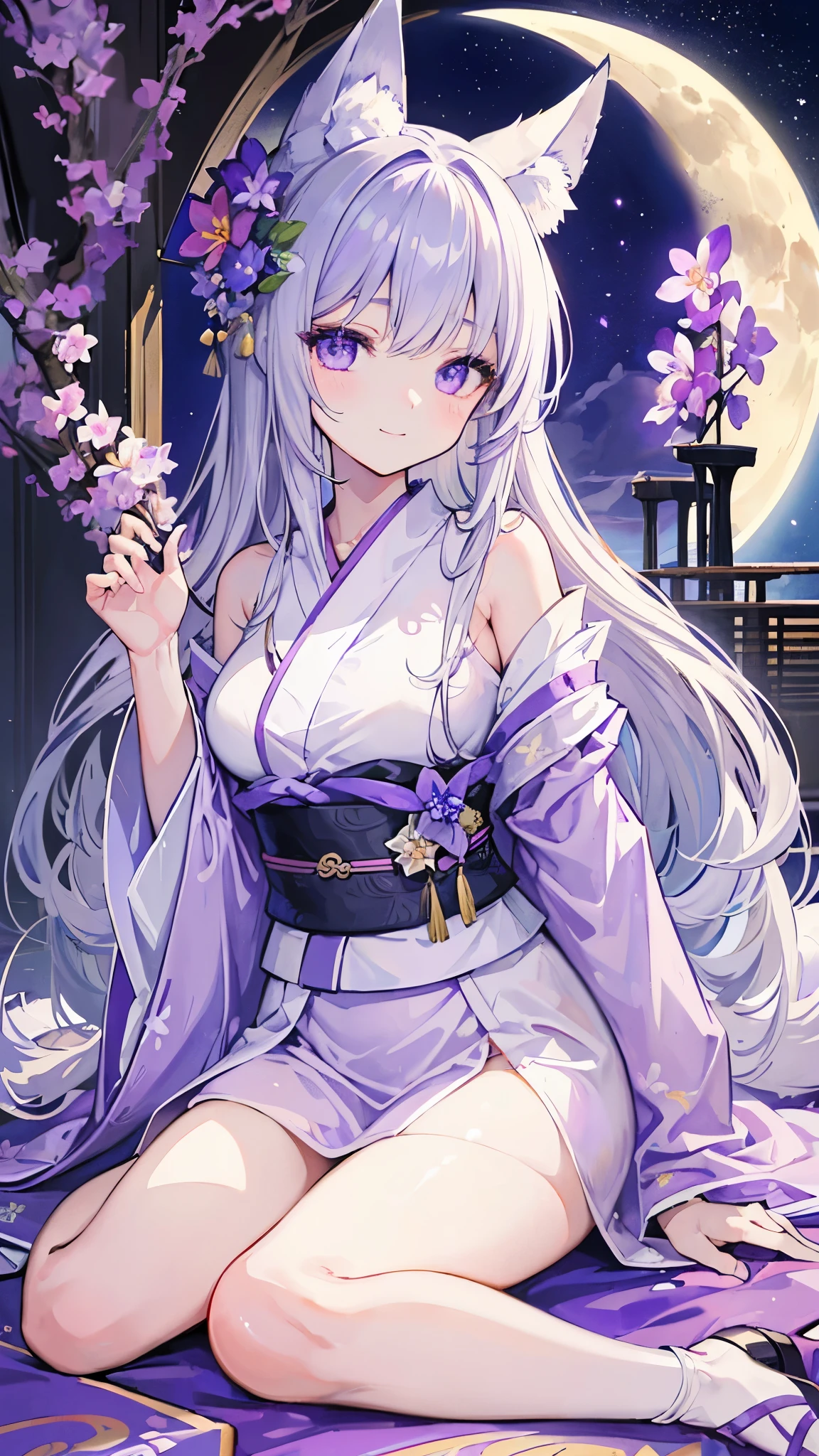 ((masterpiece、Highest quality、Very detailed))、One person、Gray Hair、Long Hair、Diagonal bangs 、Light purple eyes、smile、Large Breasts、Fox Ears、((Lilac kimono))、Fox Tail、wariza、((Sit flat))、Iris flower field、((night))、moon