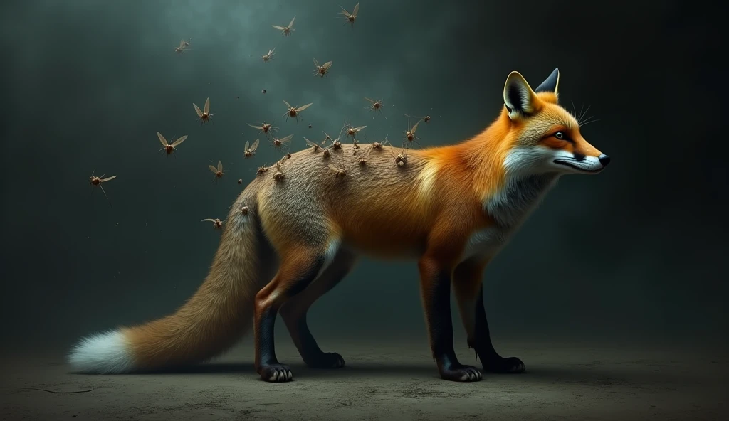 There is a shadow、Horror、Photorealistic、Ultra HD、There are several tiny insects flying out of the fox's body.、Side view