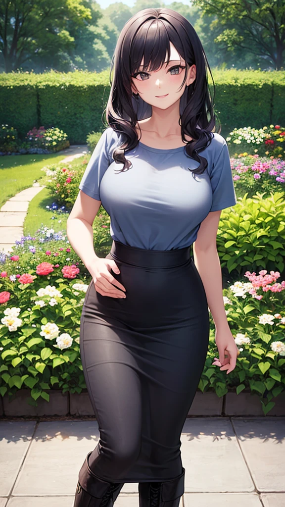 masterpiece, best quality, high detail, beautiful woman, wavy hair, dark blue hair, large bust, ((gray t-shirt)), (black midi pencil skirt), long skirt:1.2, upper body, hips, hip bones, boots, looking at viewer, awkward smile, garden, backyard,