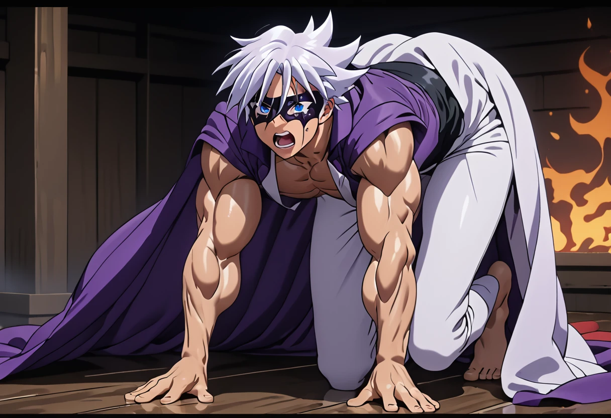 Highest quality,Masterpiece,Pro Art,8k,Based on anatomy,silk hat,Light purple hair,Eye mask,Purple Cape,Japan animated style,kait8uj8ker, white hair, spiked hair, Blue eyes,Full body image,(((Huge muscles,Huge erect penis,Anal Sex))),cramped suit,Crying face,Suffering face,Lots of drool, sweat and cum,,Shaking violently,(A fiery aura envelops the body), boy,Little,Complexity in facial depiction,Crawling on all fours and sucking a penis,Purple Capeとsilk hat,Orgy,