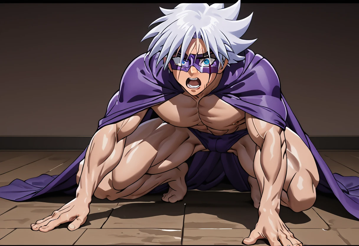 Highest quality,Masterpiece,Pro Art,8k,Based on anatomy,silk hat,Light purple hair,Eye mask,Purple Cape,Japan animated style,kait8uj8ker, white hair, spiked hair, Blue eyes,Full body image,(((Huge muscles,Huge erect penis,Anal Sex))),cramped suit,Crying face,Suffering face,Lots of drool, sweat and cum,,Shaking violently,(A fiery aura envelops the body), boy,Little,Complexity in facial depiction,Crawling on all fours and sucking a penis,Purple Capeとsilk hat,Orgy,