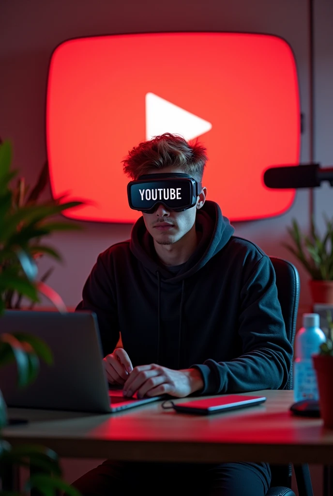 Create a image of "A 22 years man, sitting in back of a computer desk full body on camera with a microphone and laptop, wearing black and red hoodie black lens goggles with the Channel Name on it "YOUTUBE". The background includes a large YouTube logo on the wall, potted plants on either side, and various recording equipment
