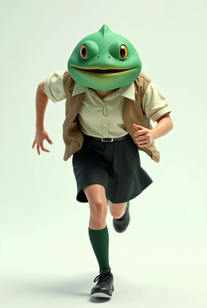 ((Highest quality)), ((photorealistic, hyperrealistic photo, portrait)), (front), (smile:1.6), (The upper half of the pufferfish is green.), (Short sleeves), ((No hair)), (The Kusafugu has 80% of the facial features of a human female.), A pufferfish with a very realistic head, A woman with a human body, オフホワイトで襟付きのShort sleevesシャツに薄茶色のベストを着てひざ丈の黒いスカートに濃い緑色の短い靴下と黒の靴を履いてる, Running at full speed, Background is white, Photorealistic images,
