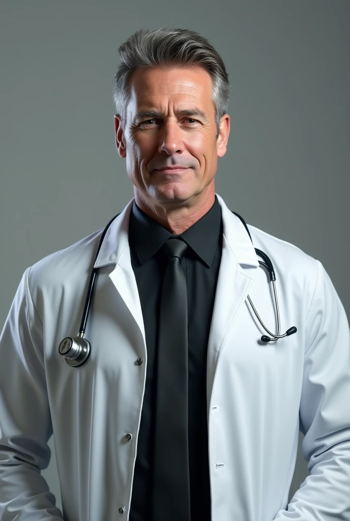 Man in a black shirt and tie with a white doctor's coat over it