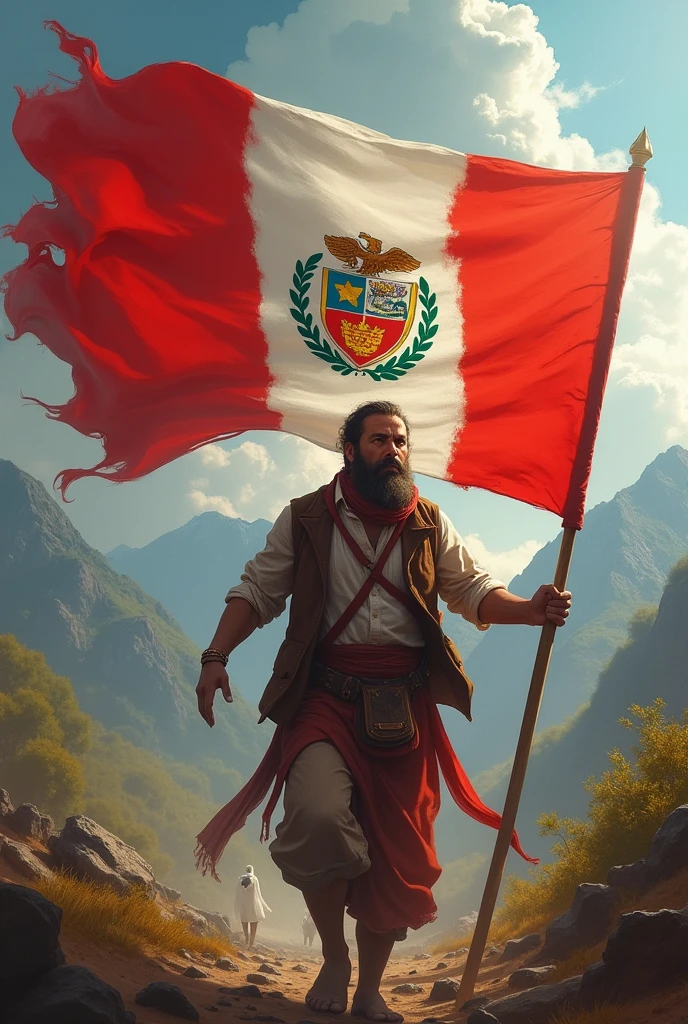 Give me images of a person carrying the flag of the Republic of Peru