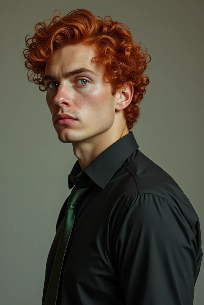 Serious curly red-haired guy with blue eyes. Standing in profile and looking at the camera. Wearing a black shirt with a green tie. Realism.