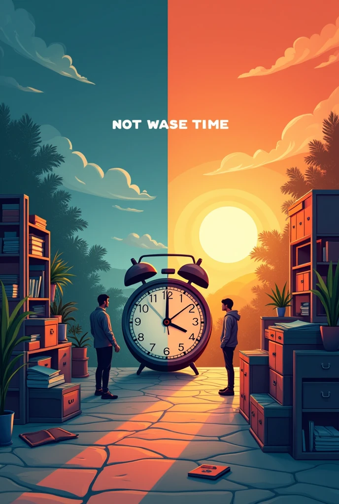 “Create an inspirational desktop wallpaper that visually represents the concept of not wasting time. The image should include two distinct sections: one showing wasted time between ages 13 to 18, symbolized by a broken clock or chaotic scene, and another showing a focused and disciplined period from ages 18 to 28, symbolized by a determined individual working hard or a rising sun to represent new beginnings. Incorporate text that reads: 'From Age 13-18: Time Wasted, From Age 18-28: No More Time Wasted, Focus on Growth and Discipline.' Use a motivational and clean design with contrasting colors to highlight the change in mindset.”